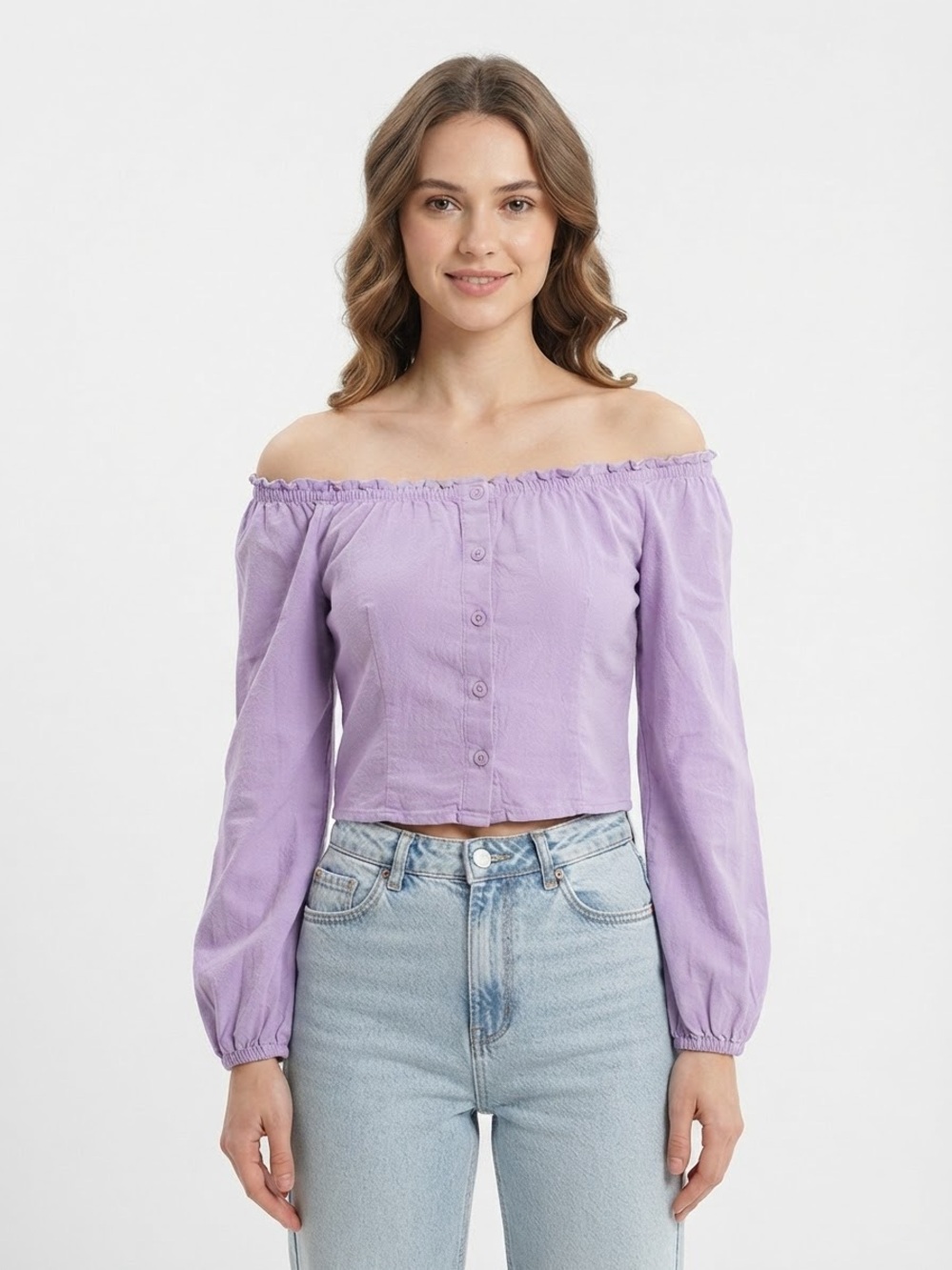Old Navy Lavender Purple Linen Blend Button-Front Crop Top Long Sleeve Sz Small